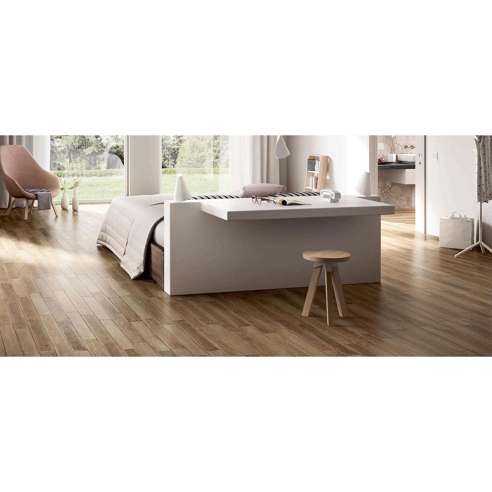 Modern white bed with integrated desk and minimalist design in tree-charme beige matt finish