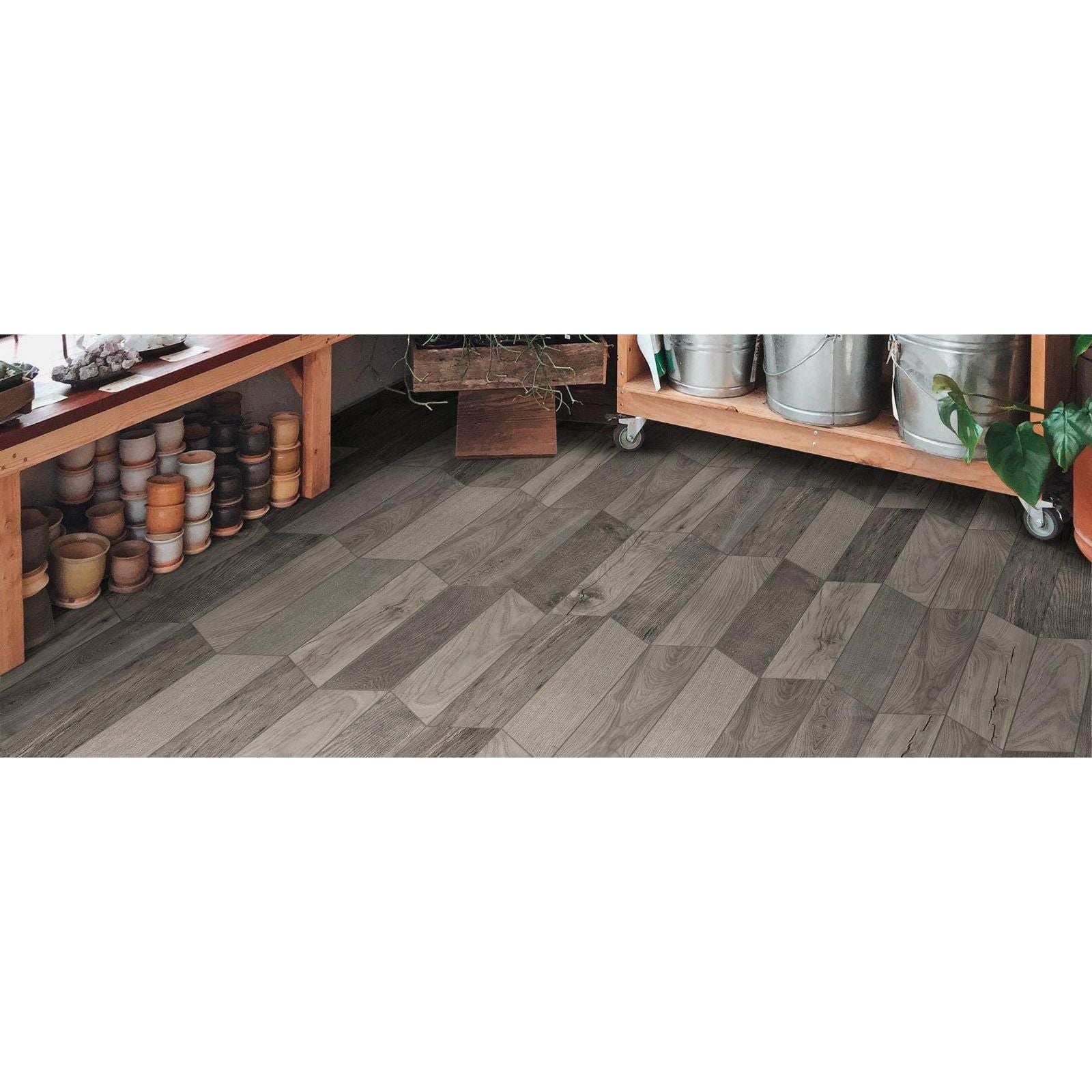 Tree-soul grey chevron matt gray wood-grain vinyl plank flooring with natural rustic appearance