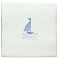 White ceramic tile from trinite of london delft boat with delicate blue hand-painted sailboat and waves design