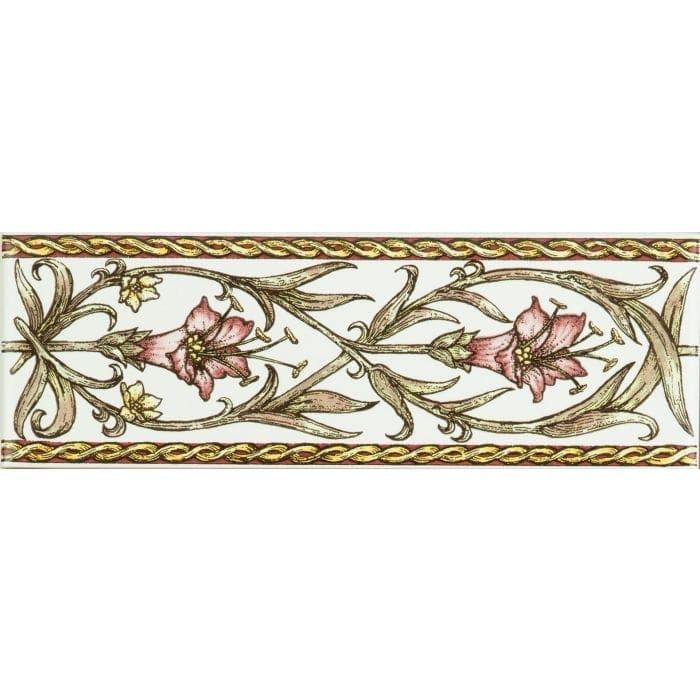 A ceramic decorative border tile with pink lilies gold leaf vines on white framed by twisted golden edges