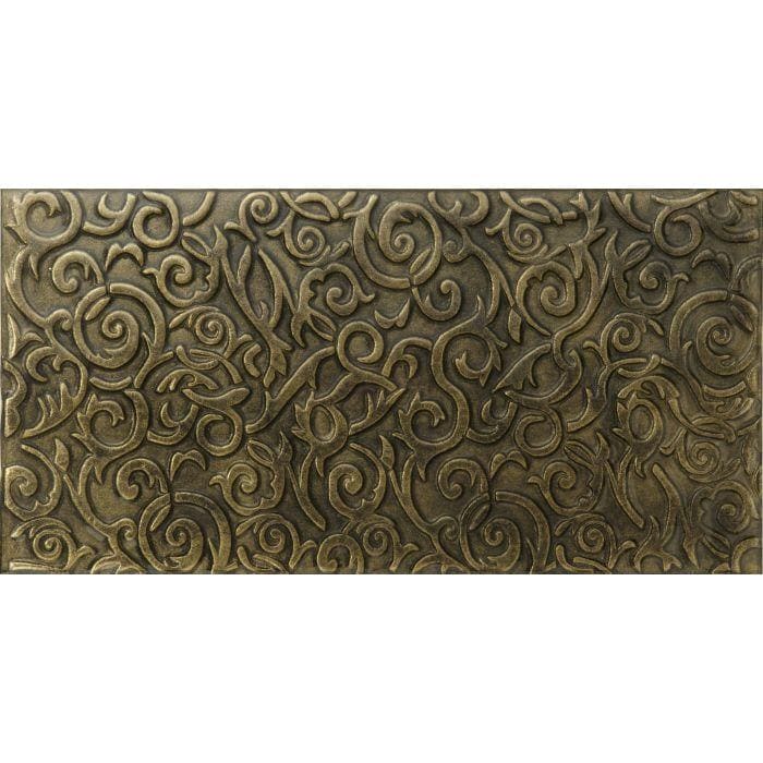 Antique bronze-colored rectangular tutankhamun decorative glass tile with intricate raised swirling vine and leaf patterns