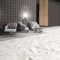 Venato Marble Modular Porcelain Tiles white and grey marble-effect tiles with grey armchairs