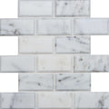 Viano white polished bevel brickbond mosaic of white marble subway tiles with subtle gray veining