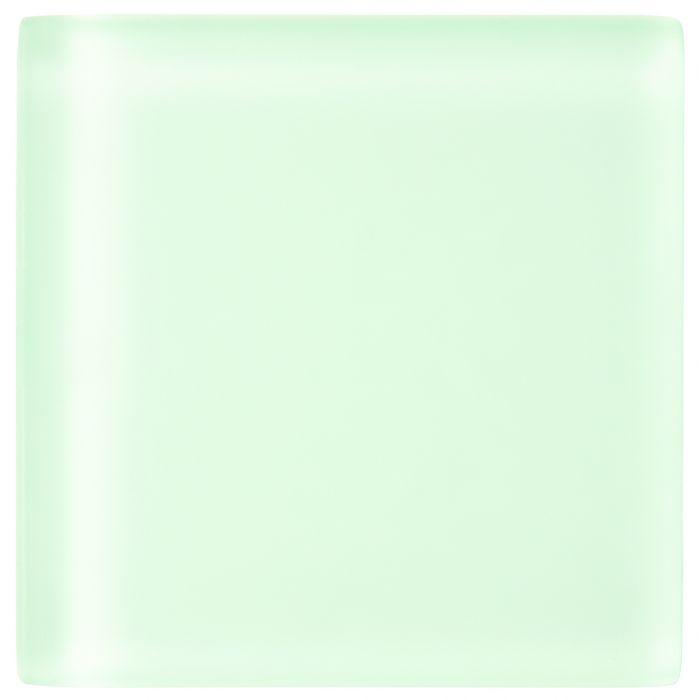A translucent mint green frosted glass square tile with smooth rounded edges in 100 x 100mm size