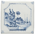 White ceramic tile with blue delftware-style canal scene illustration featuring buildings boats and figures in framed design