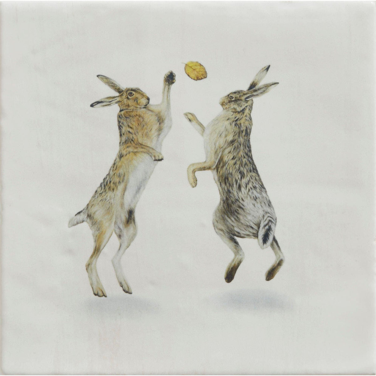 Wiltshire Hares By Joanna May Ceramic Tile 12.5x12.5cm in a splashback setting