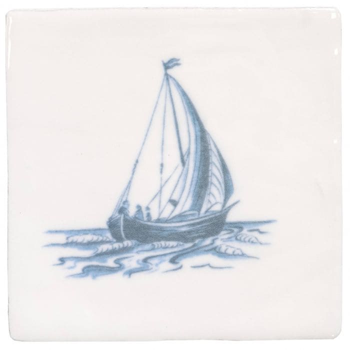 White ceramic tile with a blue hand-painted yawl sailboat on water from the yawl blue on cotton collection