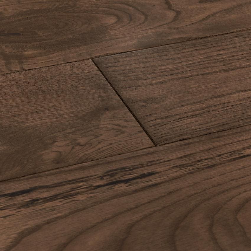 Dark brown hardwood floor planks with natural wood grain pattern in york tawny oak finish