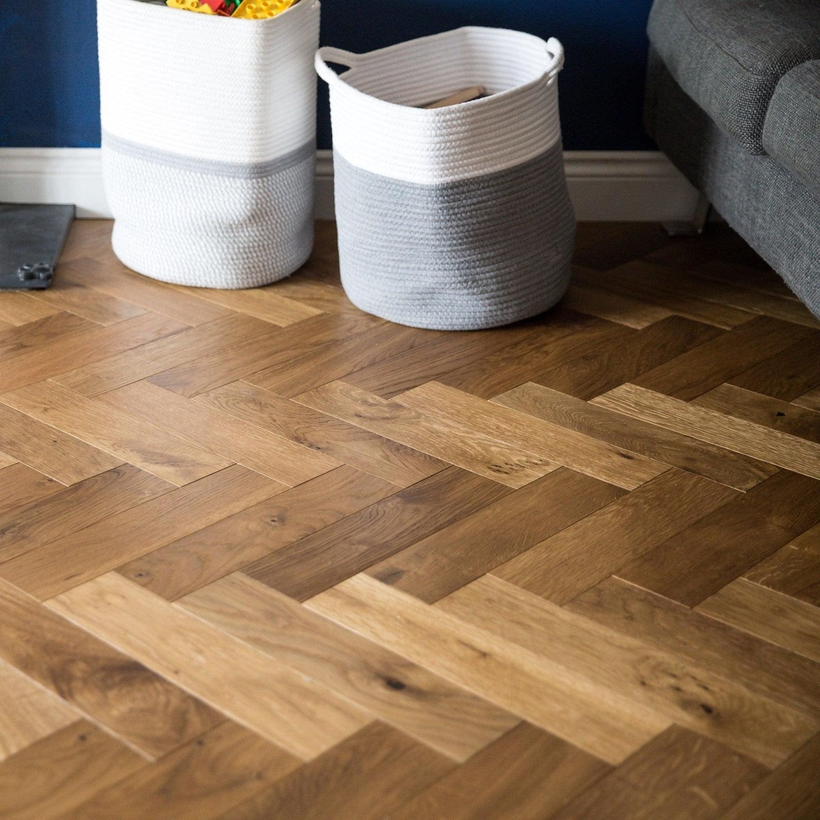 ZB201 Smoked Oak smoked oak engineered wood flooring with woven storage baskets