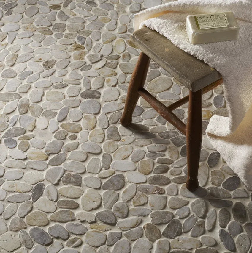 Riverstone White Flat Cut Pebble Mosaic tiles